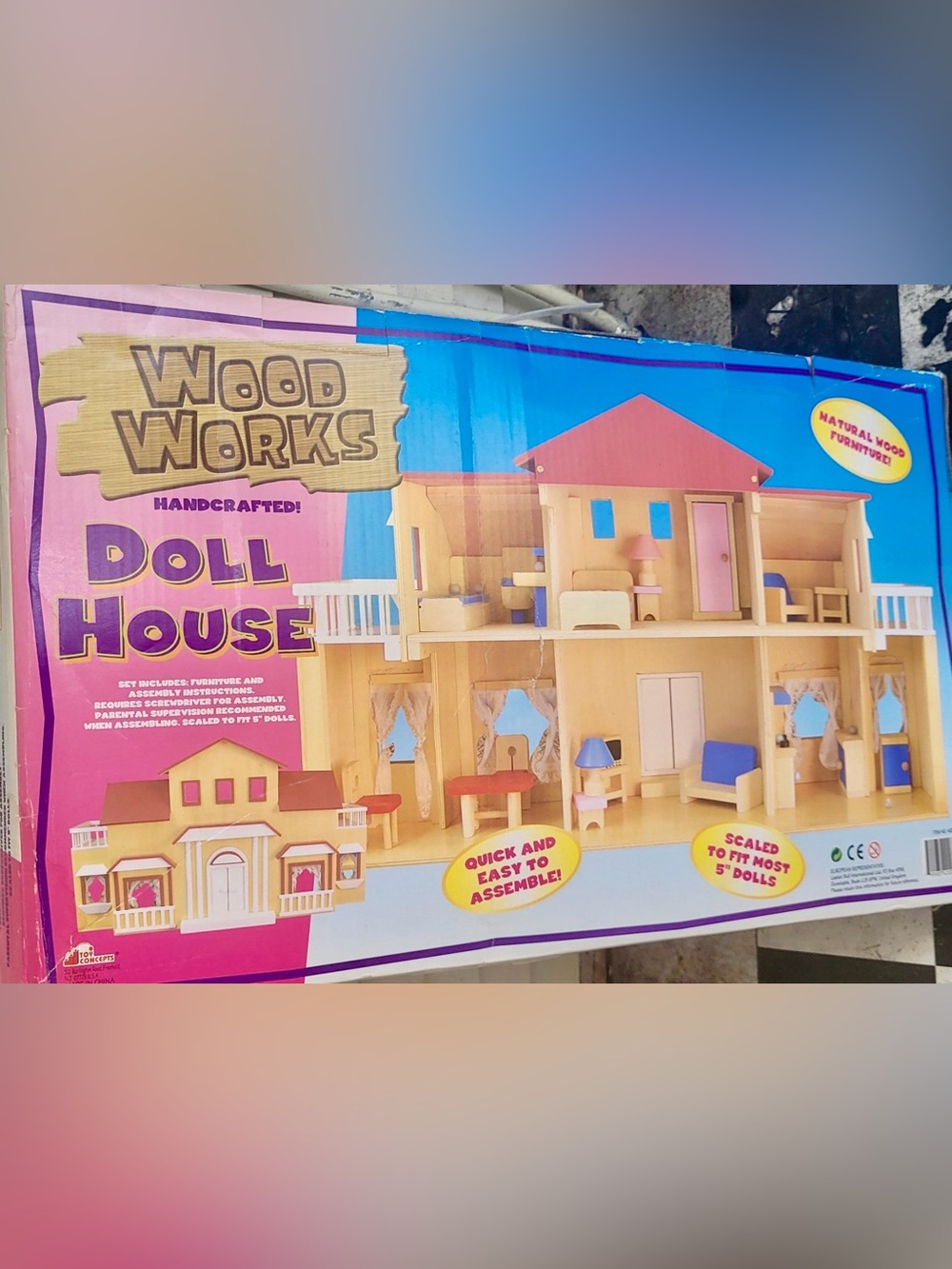 Vtg Toy Concepts Wood Works Handcrafted Wooden Dollhouse Kit Boxed 5" Dolls